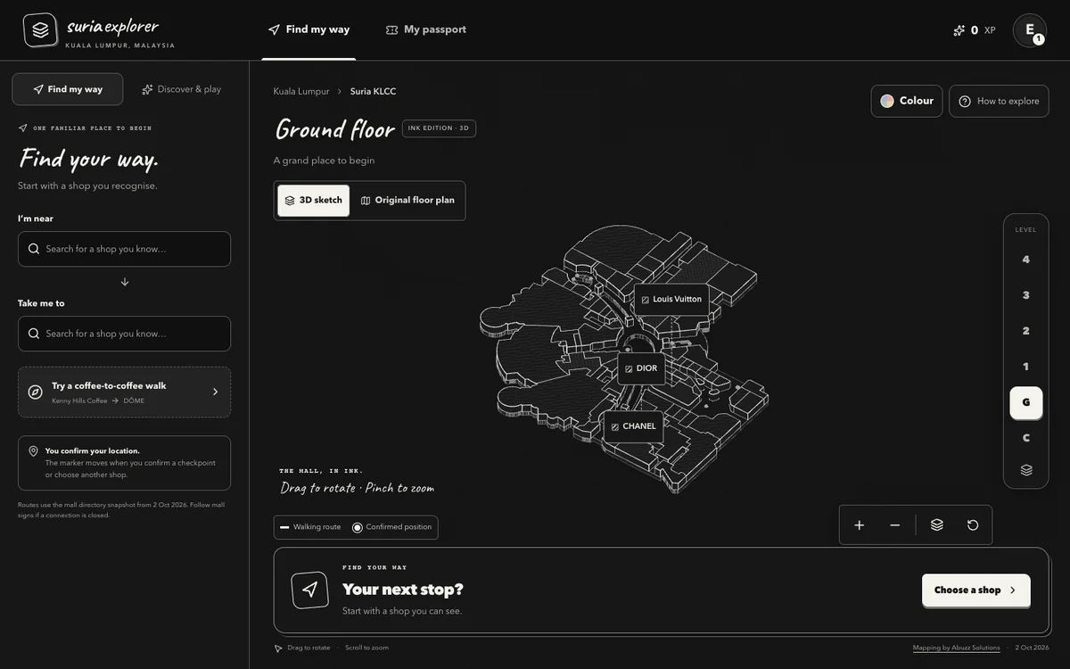 Suria Explorer’s interactive KLCC map, showing three-dimensional shops, floor selection and wayfinding controls.