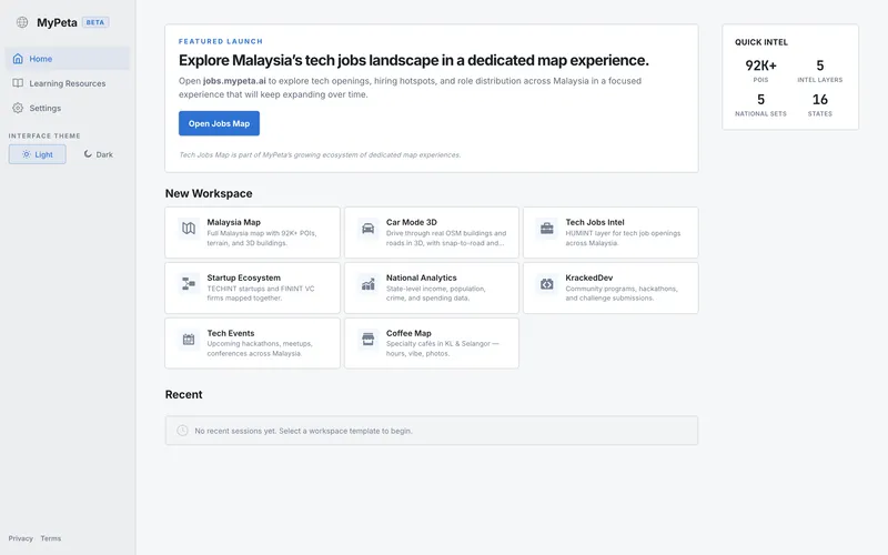 MyPeta’s workspace for exploring Malaysian maps, jobs and tech data.